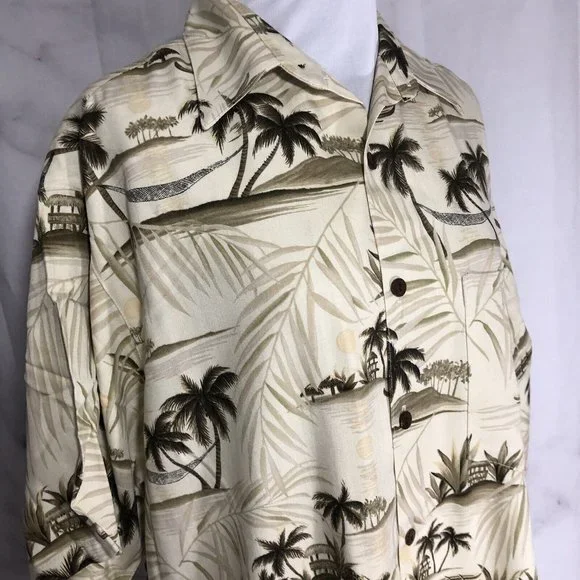 Go Barefoot Aloha Hawaiian Tiki Shirt Beige Dark Green Palm Trees Medium - Picture 9 of 10